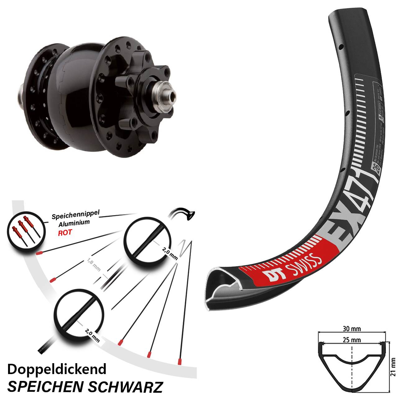 Nabendynamovorderrad 6-Loch 650B DT Swiss EX471 SON 28 für Schnellspanner