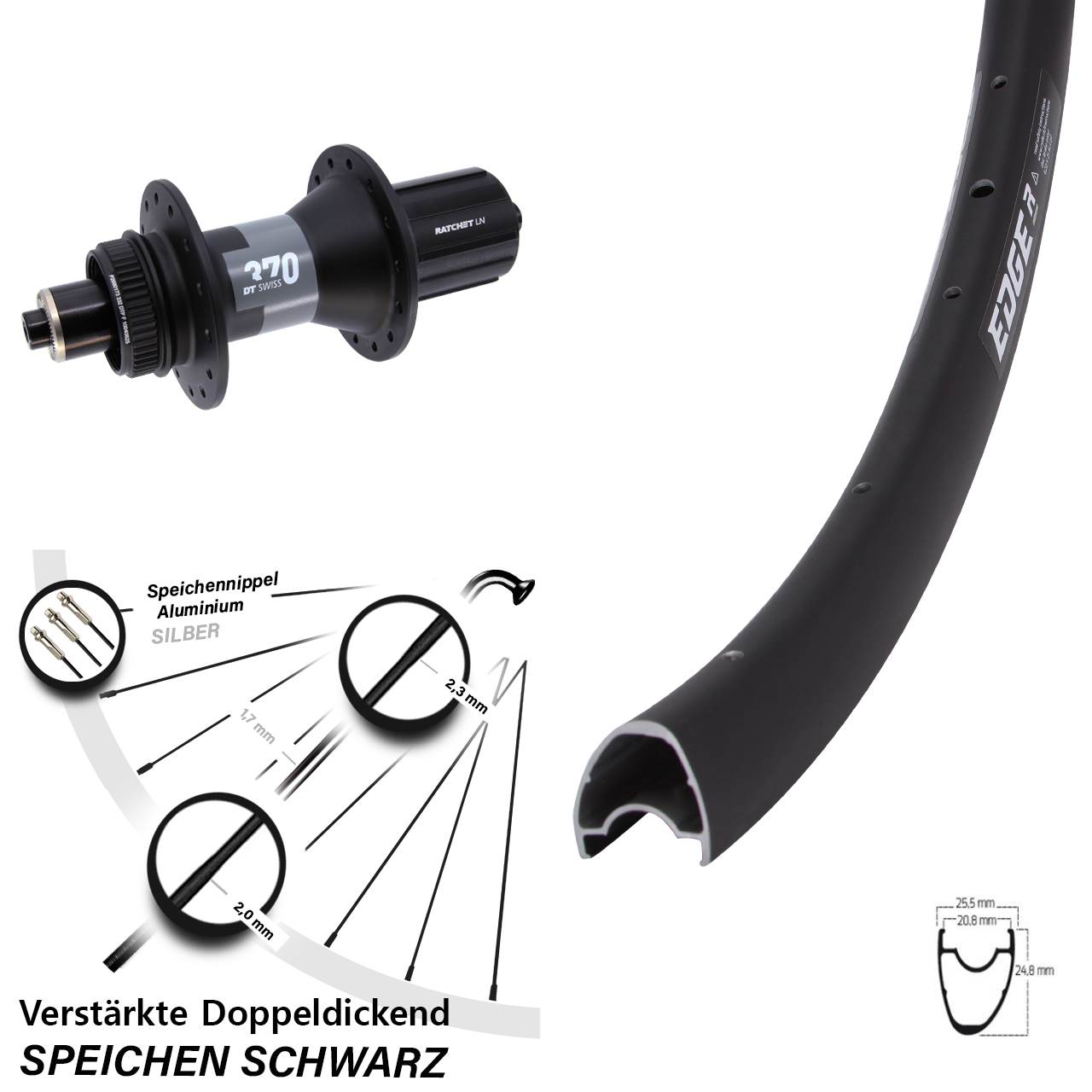 28 Zoll Ryde Edge R25 Offset DT Swiss 370 Disc Laufrad für Schnellspanner 8-12 fach