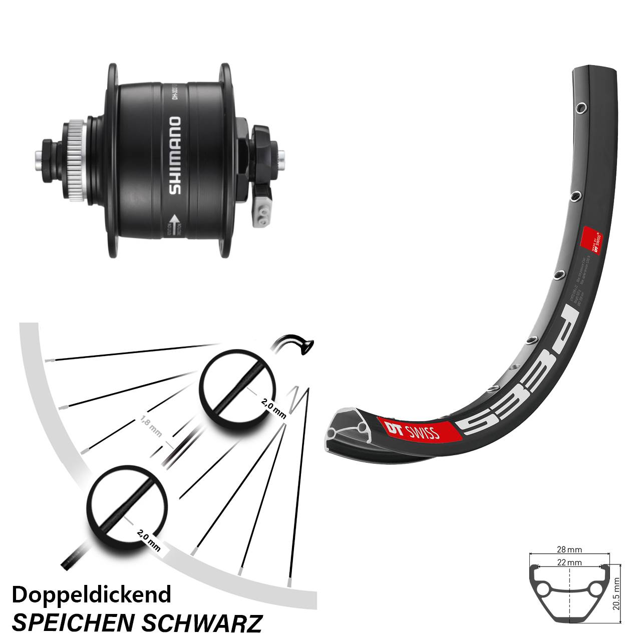 Centerlock Vorderrad mit Dynamo 26 Zoll DT Swiss 533d Shimano DH-3D37 QR