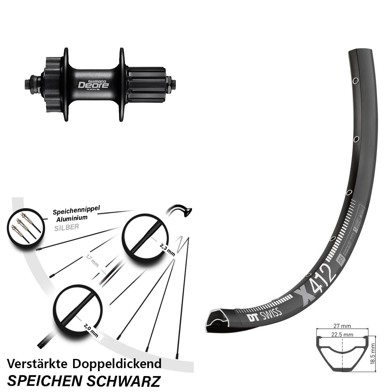 6-Loch Hinterrad 29 Zoll DT Swiss X412 Shimano Deore FH-M525 8-11 fach für Schnellspanner