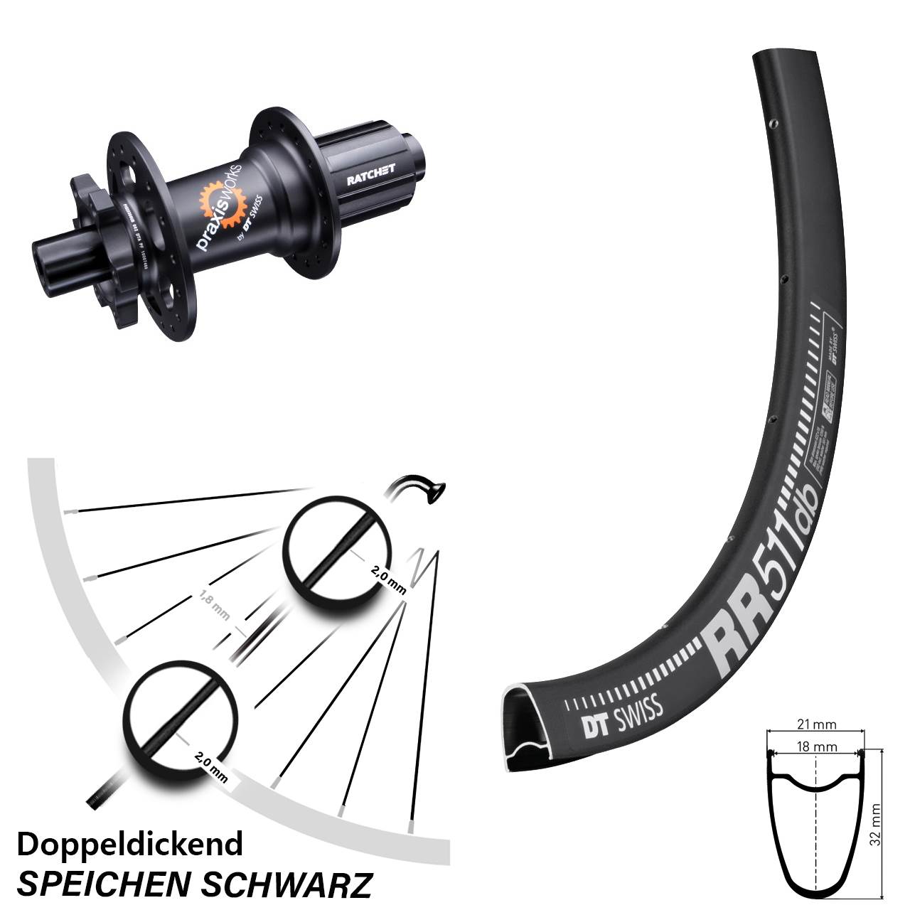 DT Swiss RR 511-350 28 Zoll 6-Loch Hinterrad 12x142 8-11 fach HG