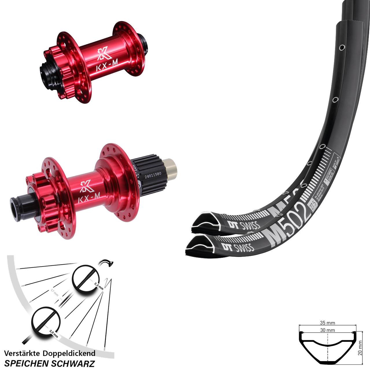 DT Swiss M502 KX-M rot 27,5 Zoll Laufradsatz 6-Loch 15x100 12x142 Micro Spline