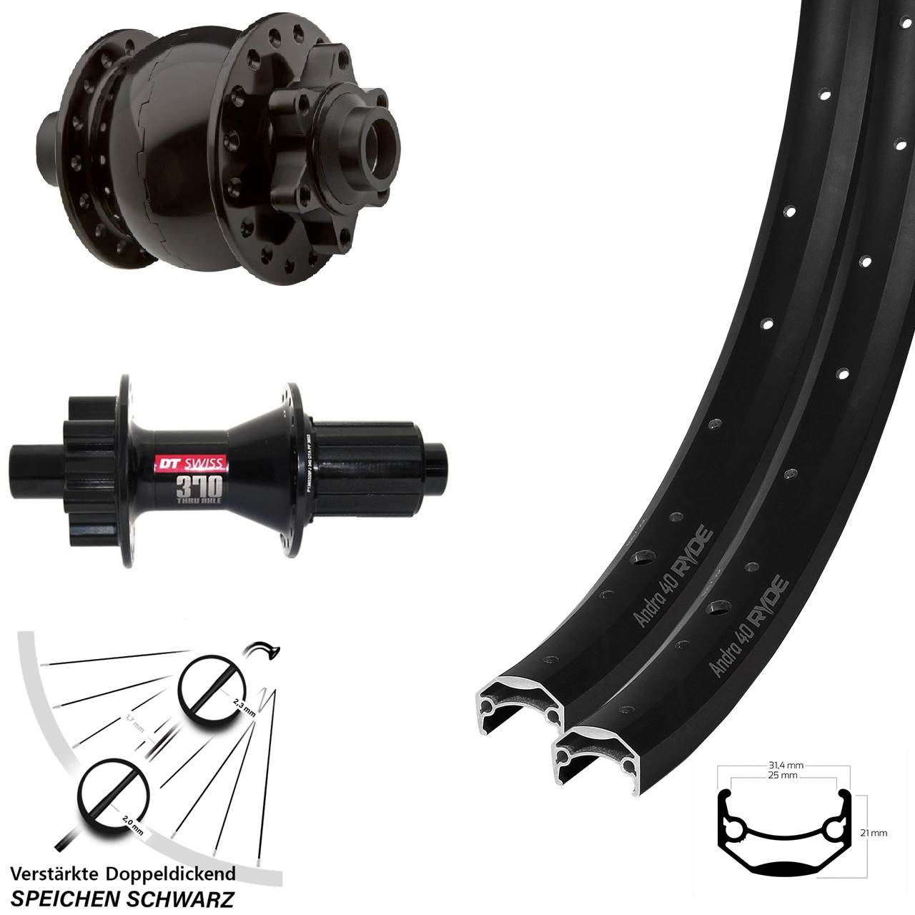 Laufradsatz 20 Zoll Ryde Andra 40 DT Swiss 370 Hybrid SON 28 6-Loch 15x100/12x142 8-11