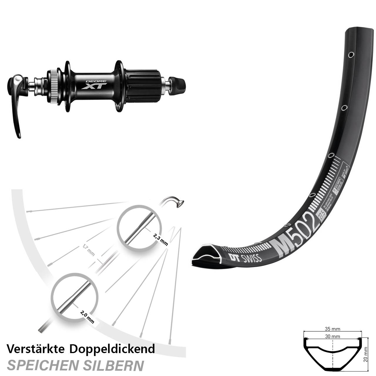 Hinterrad Centerlock QR 29 Zoll DT Swiss M502 Shimano XT 8-11 fach