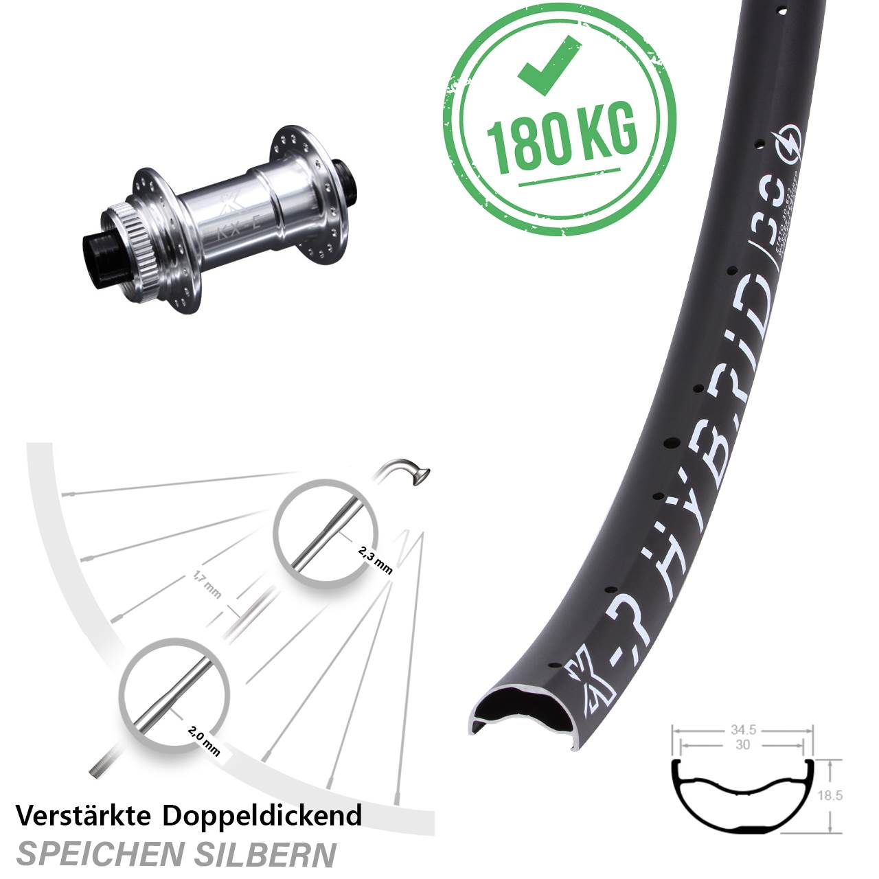 silbernes 29 Zoll Vorderrad KX-ER Hybrid 30 verstärkt Steckachse Centerlock