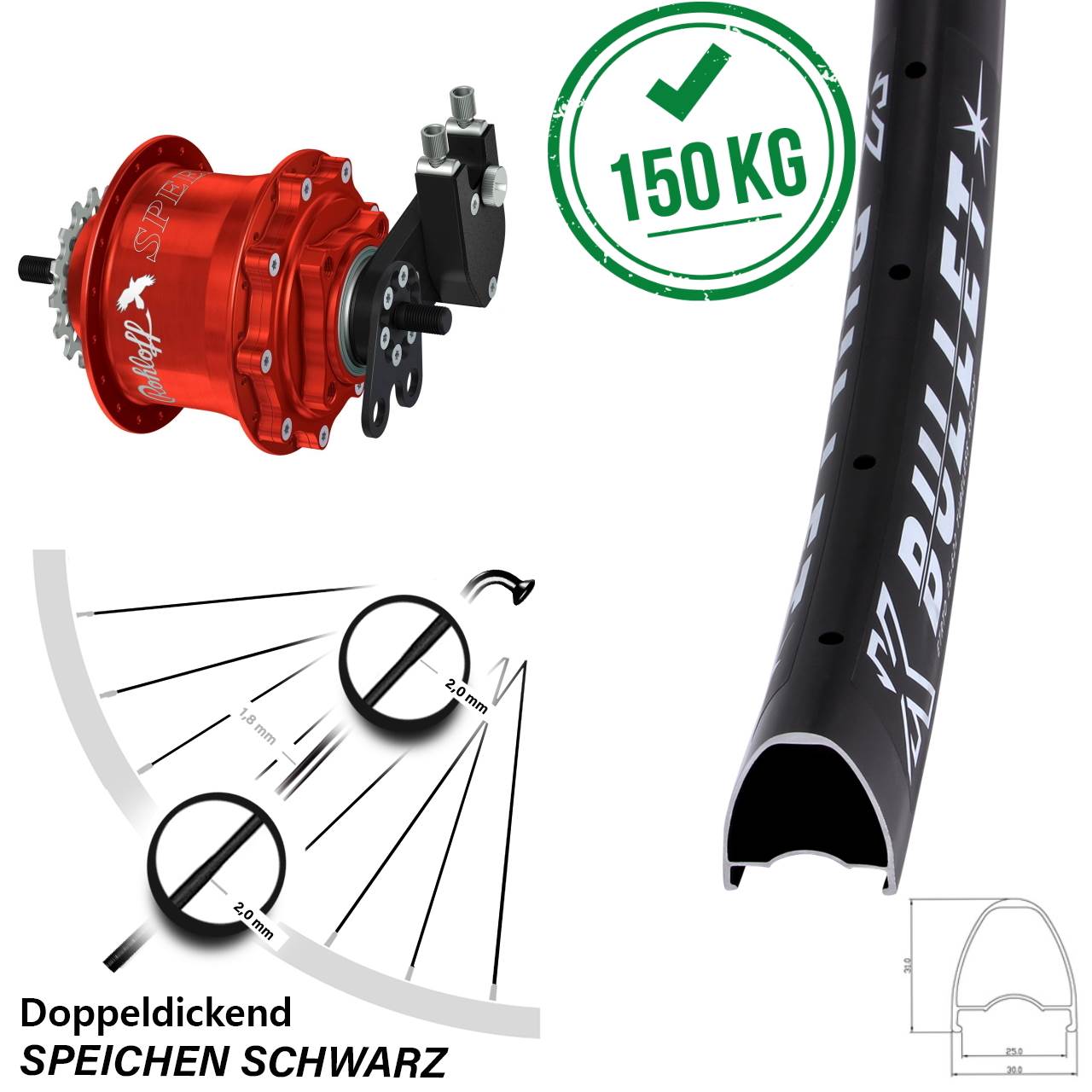 KX Bullet Rohloff TS DB Tandem rot 28 Zoll Disc Hinterrrad