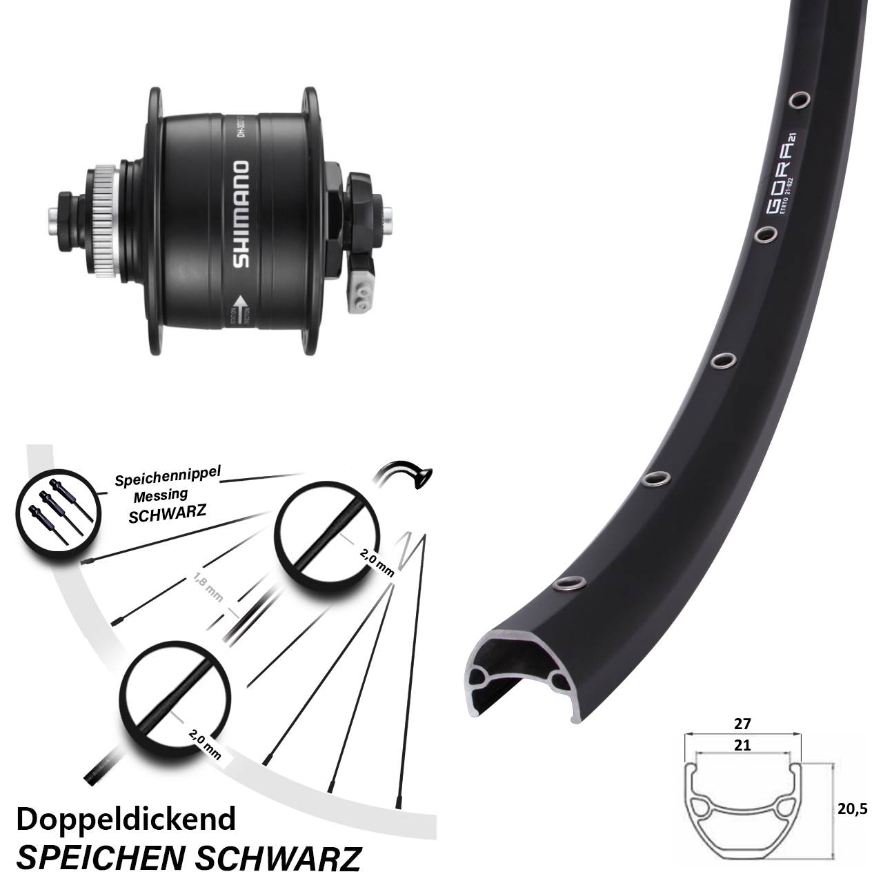 28 Zoll Gora 21 Shimano DH-3D37 Centerlock Vorderrad mit Nabendynamo für Schnellspanner