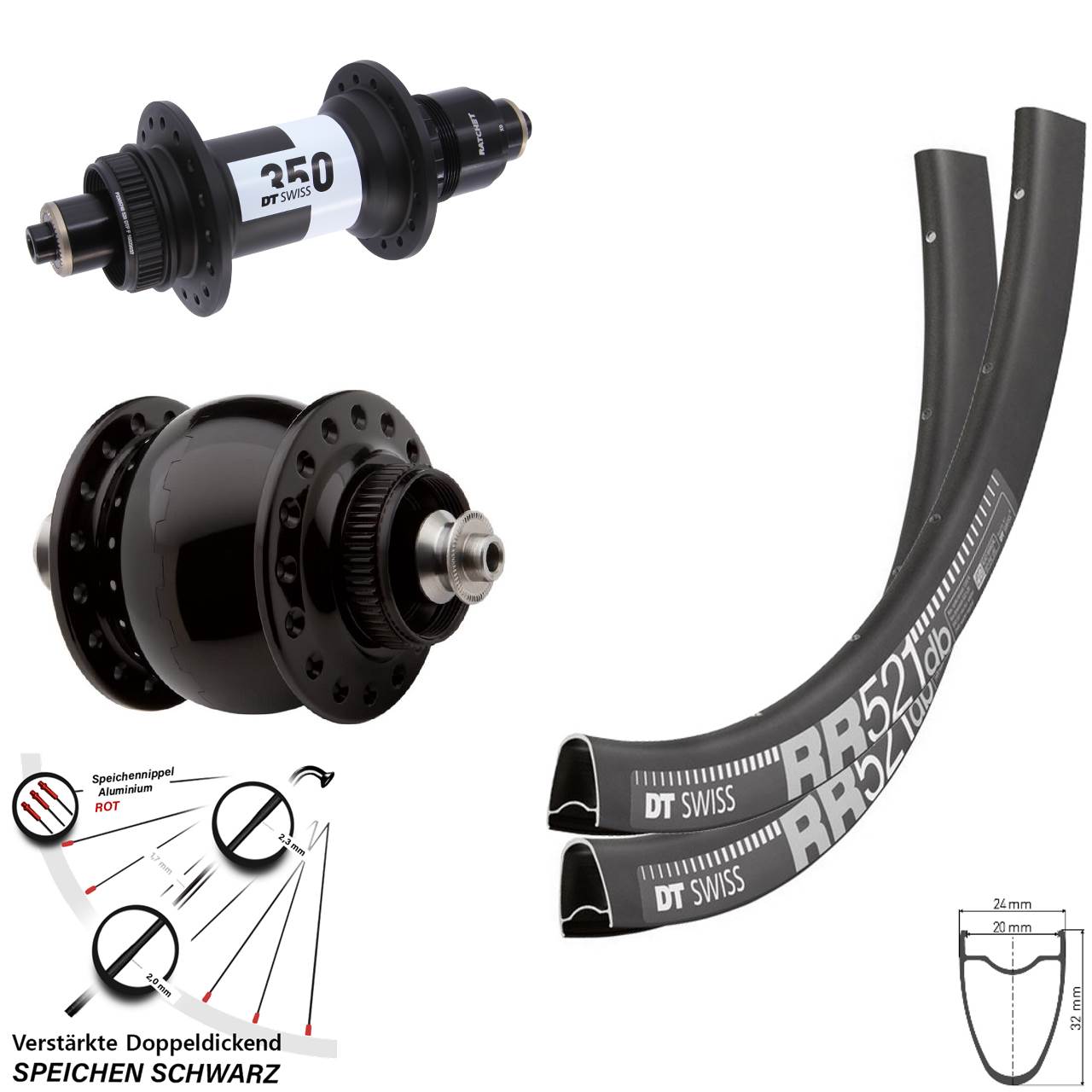 DT Swiss RR521 350 SON 28 Zoll Centerlock Laufradsatz für Schnellspanner SRAM XD
