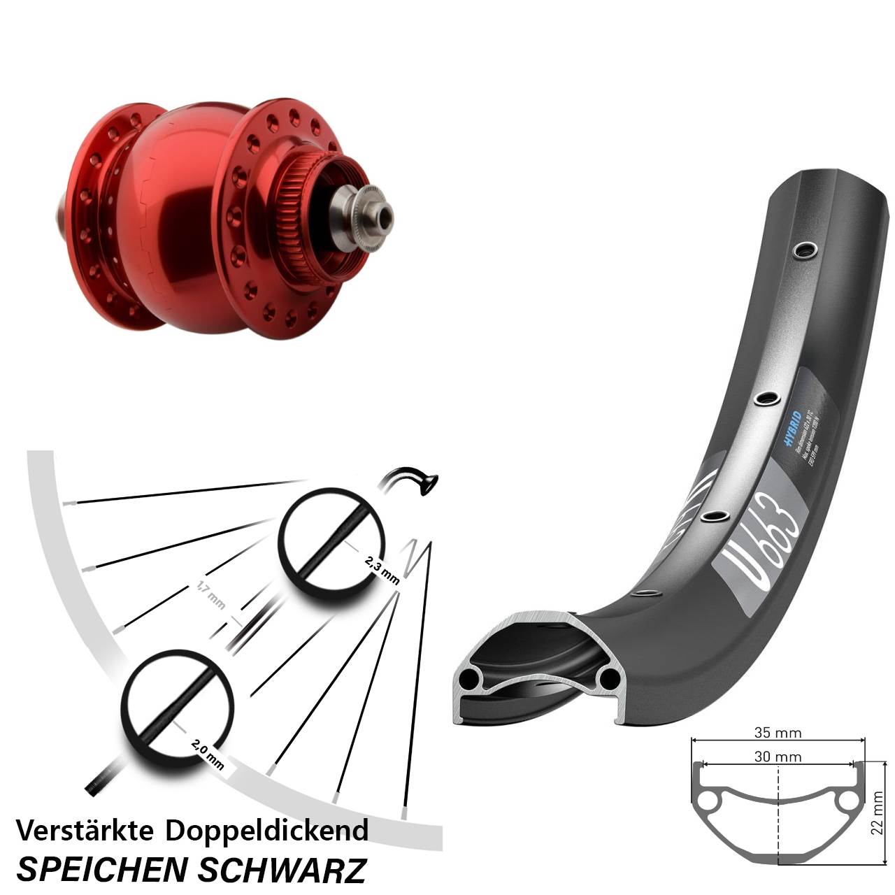 Nabendynamovorderrad Centerlock für Schnellspanner 26 Zoll DT Swiss U 663 SON 28 rot