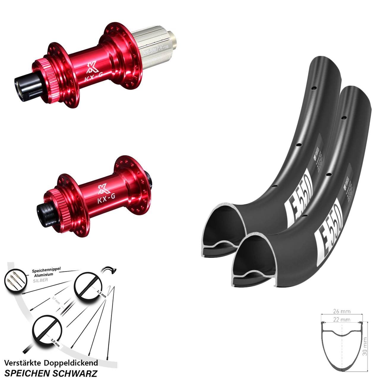 28 Zoll DT Swiss E550 KX-G rot Laufradsatz Centerlock 12x100/142 8-12 fach HG