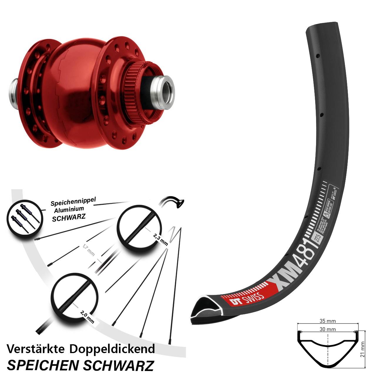 Nabendynamovorderrad Centerlock 12x100 29 Zoll DT Swiss XM481 SON 28 rot