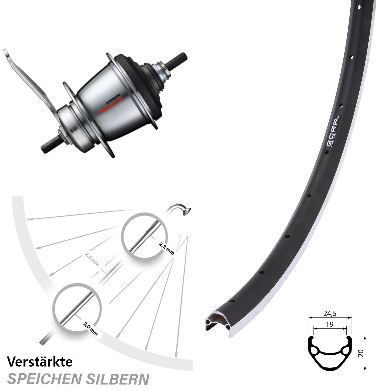 26 Zoll Hinterrad Shimano SG-C3001 7 Gang Rücktritt Gora 19