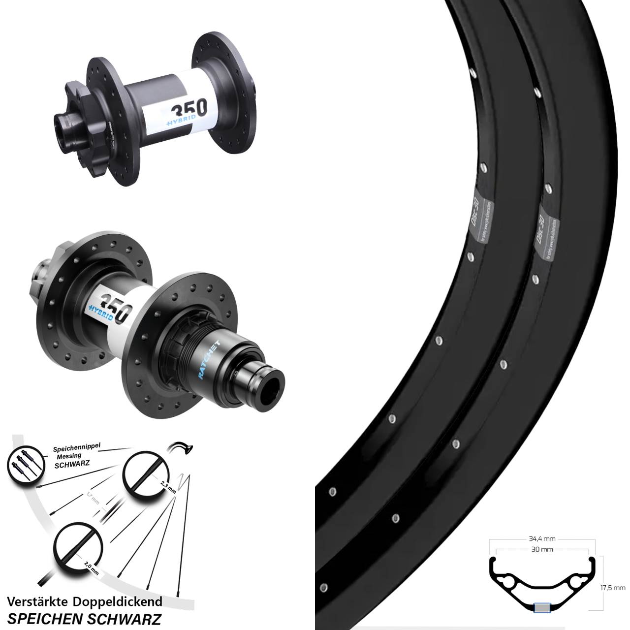 Laufrad-Satz 27,5 Zoll Ryde Disc 30 DT Swiss 350 Hybrid XD 11-12 fach 15x110 12x148