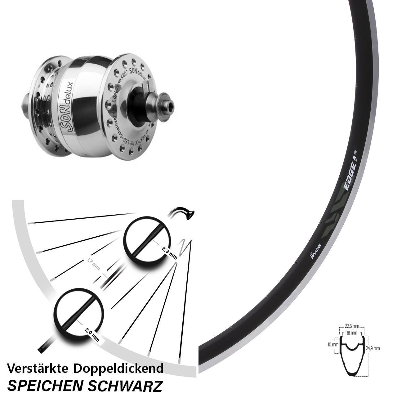 SONdelux poliert Ryde Edge R25 28 Zoll Laufrad mit Nabendynamo QR