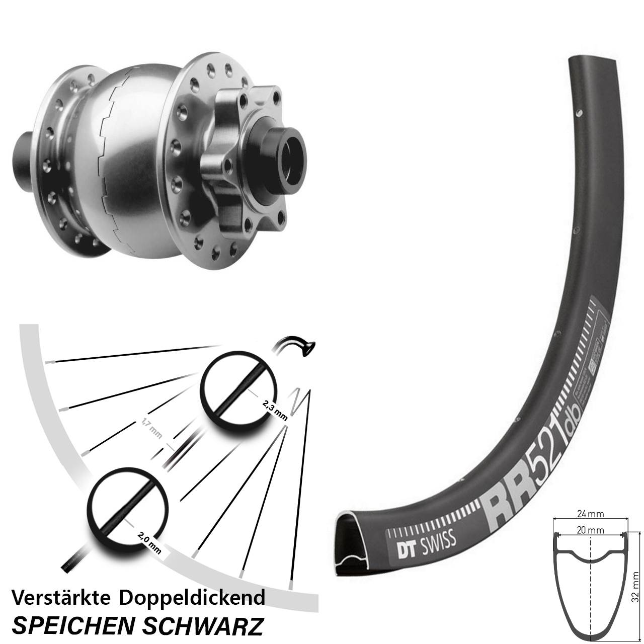 DT Swiss RR521 SON 28 Zoll 6-Loch Nabendynamovorderrad 15x100