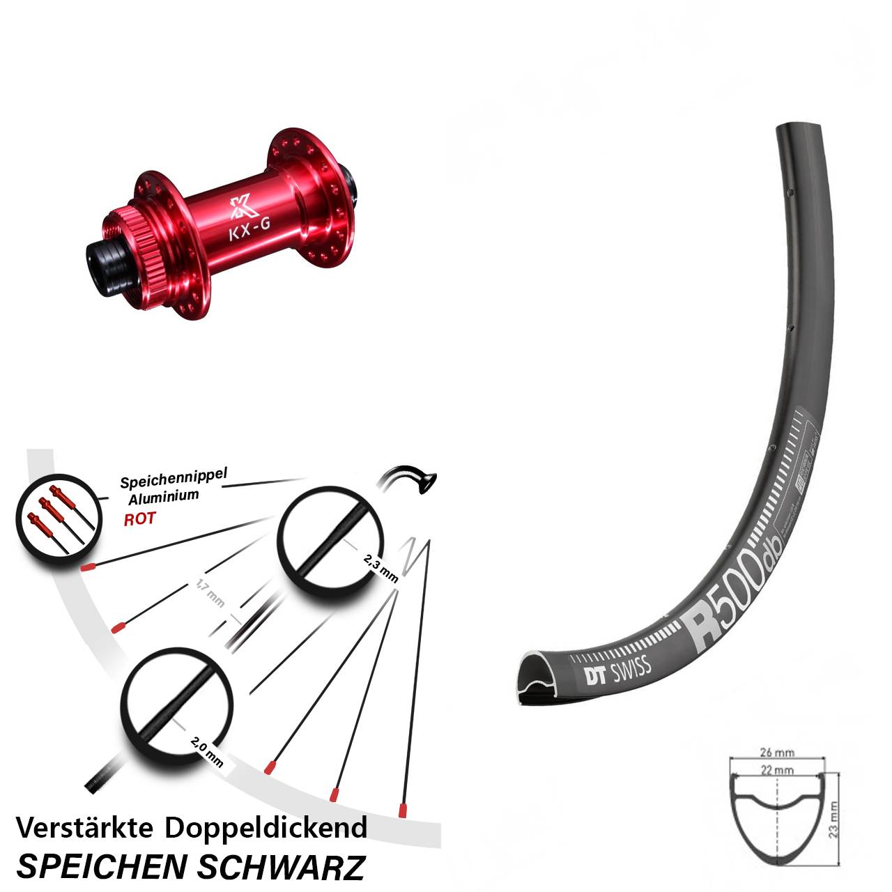 Road Disc DT Swiss R 500 Vorderrad 28 Zoll verstärkt KX-G rot-eloxiert 12x100 mm