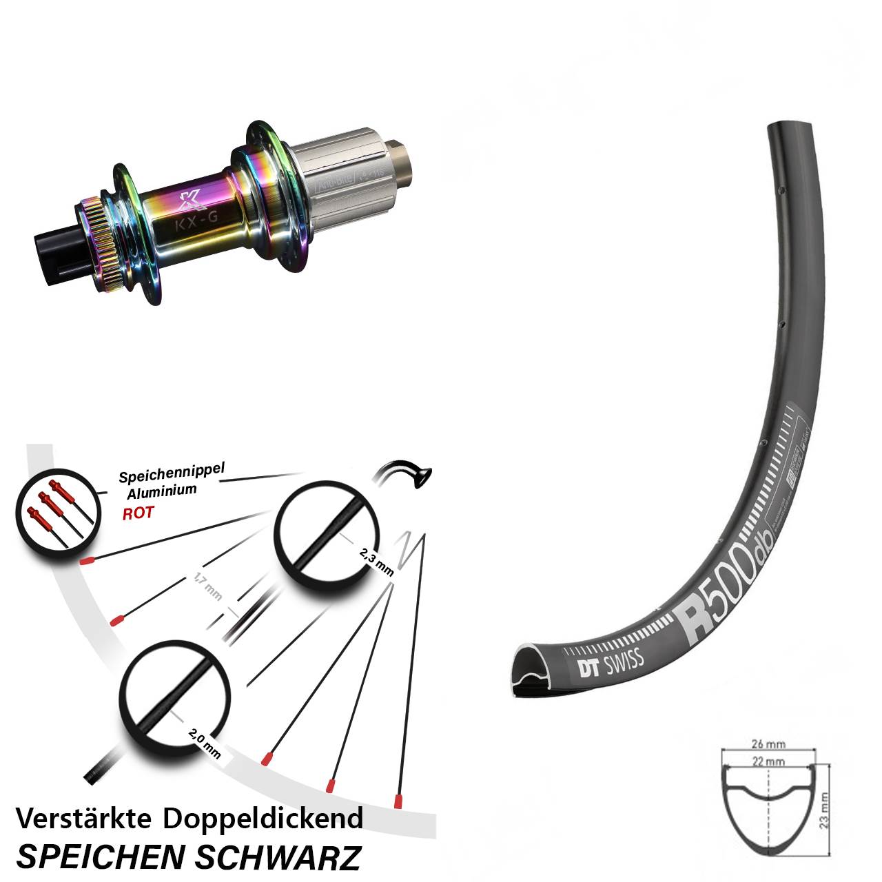 Centerlock Hinterrad 12x142 28 Zoll DT Swiss R500 KX-G Oilslick 8-12 fach HG