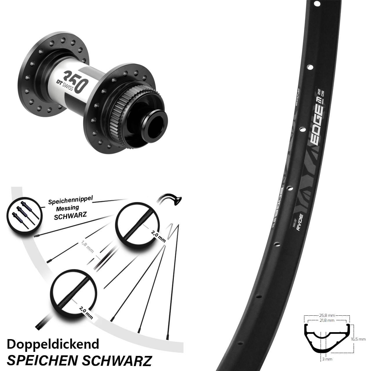 Vorderrad 28 Zoll Ryde Edge M22 OS Disc DT Swiss 350 12x100 schwarz