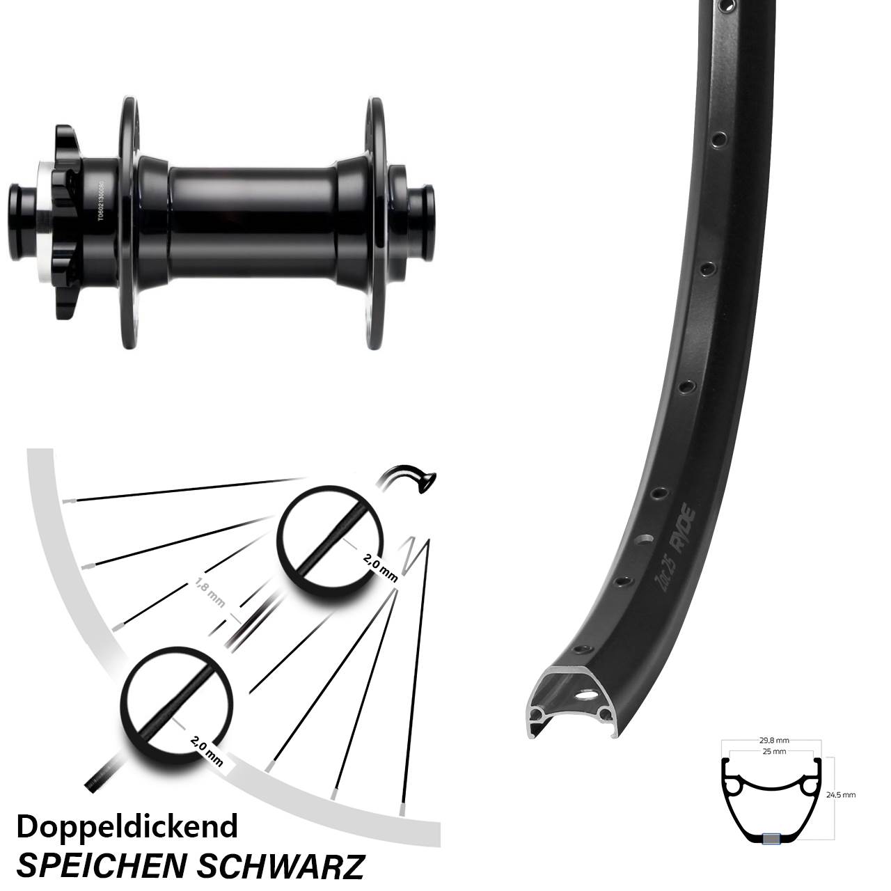 29 Zoll Ryde ZAC 25 Novatec D341-B15 Disc Vorderrad 15x110 Boost