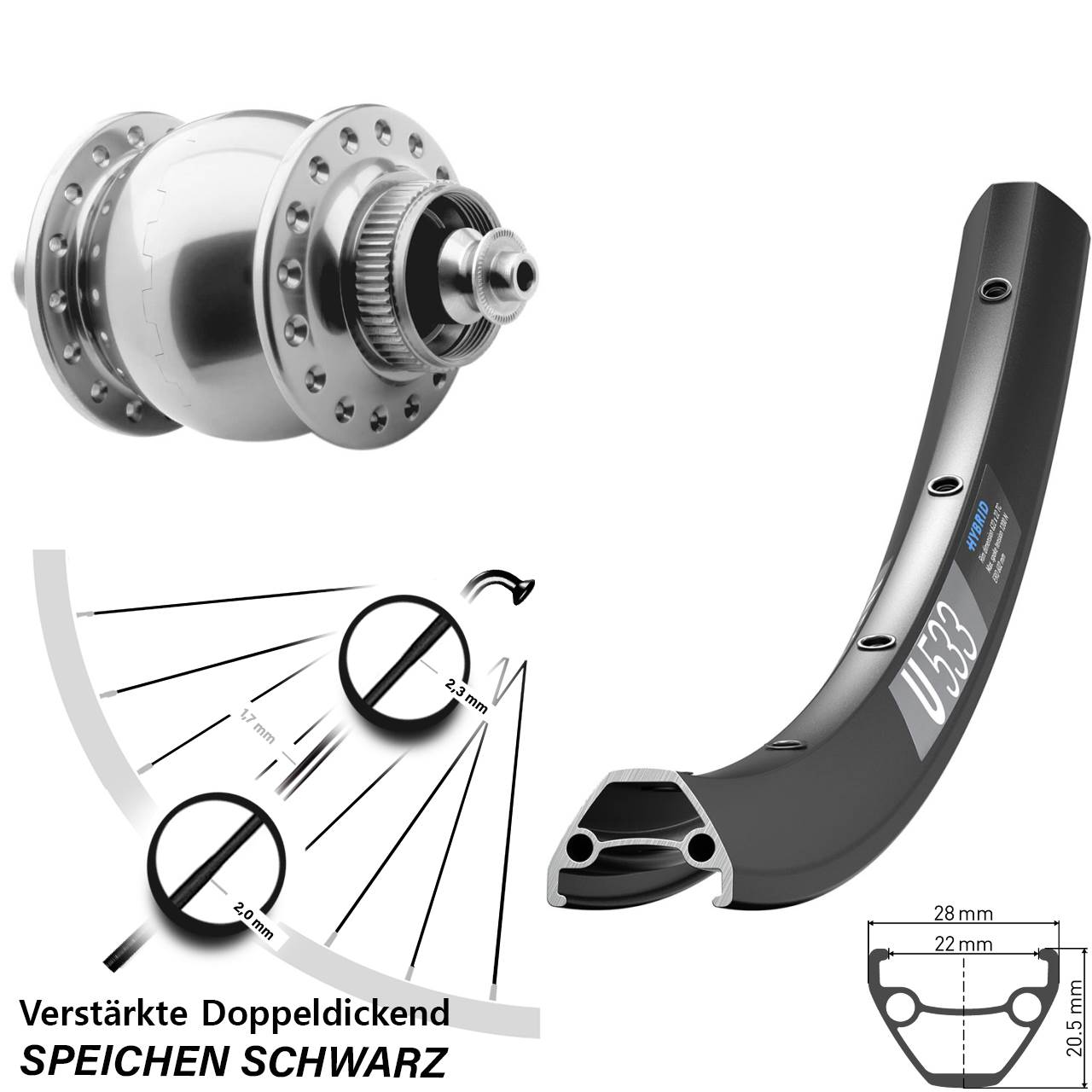 Centerlock Dynamo-Vorderrad QR 29 Zoll DT Swiss U 533 SON 28
