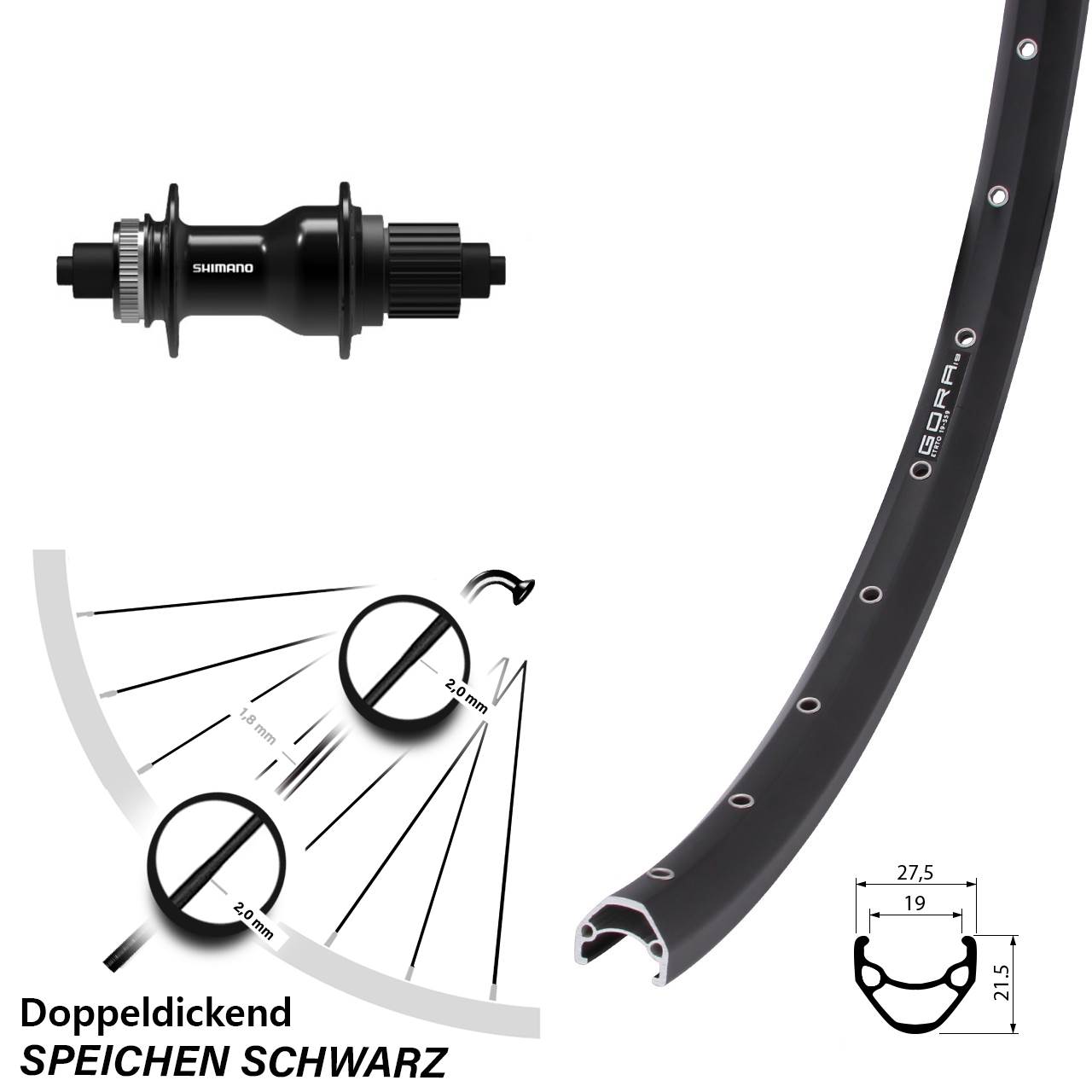 Disc Laufrad für Schnellspanner 27,5 Zoll Gora 19 Shimano FH-QC500 Micro Spline