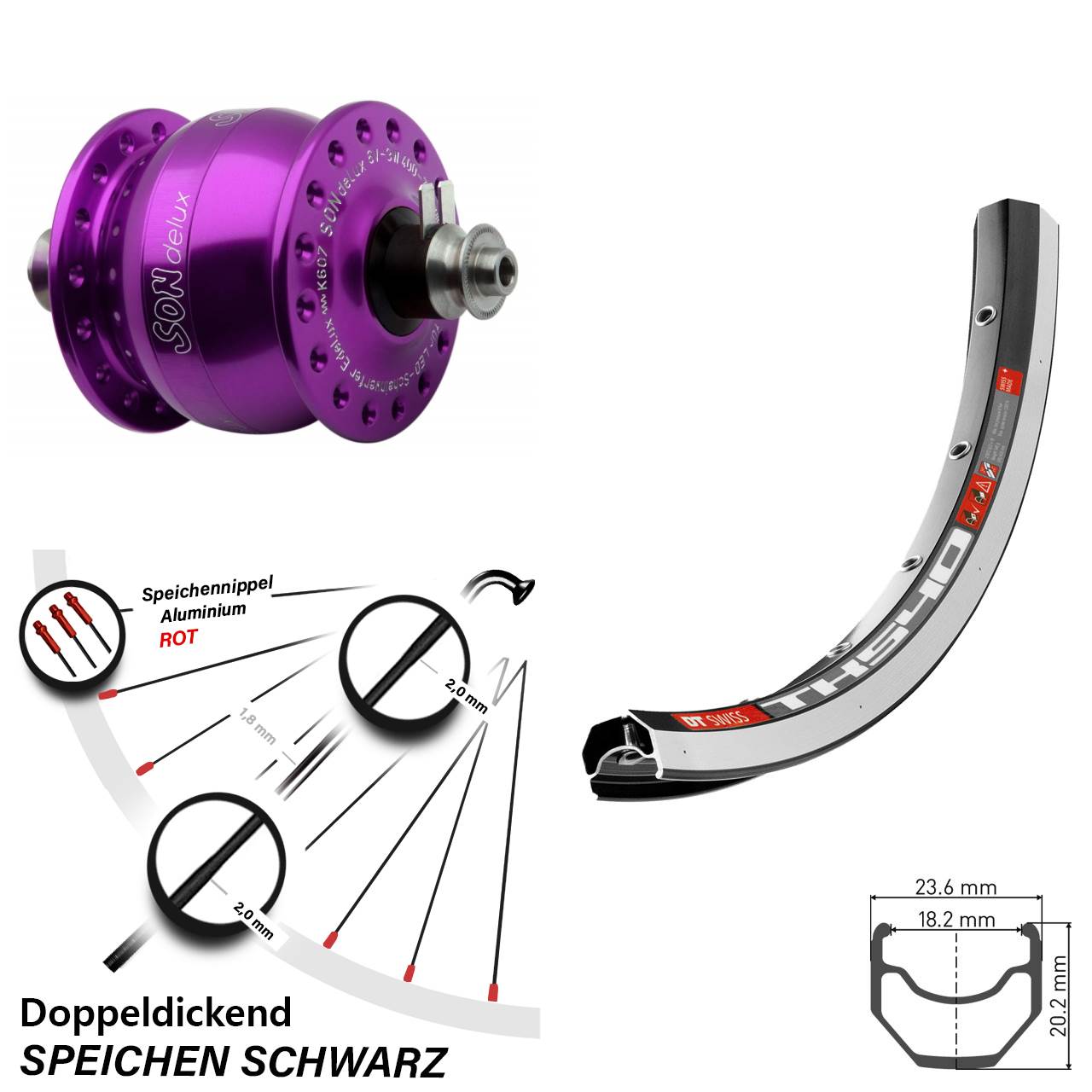 Laufrad 28 Zoll DT Swiss TK 540 schwarz SON delux 5100 violett