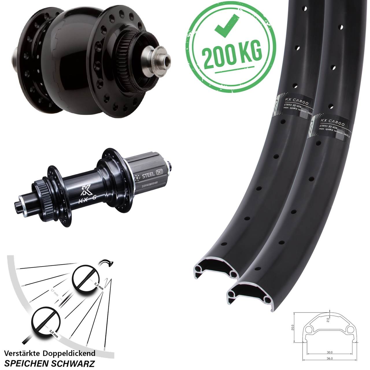KX-GS Cargo verstärkt SON 28 20 Zoll Disc Laufrad-Satz für Schnellspanner 8-12 fach HG