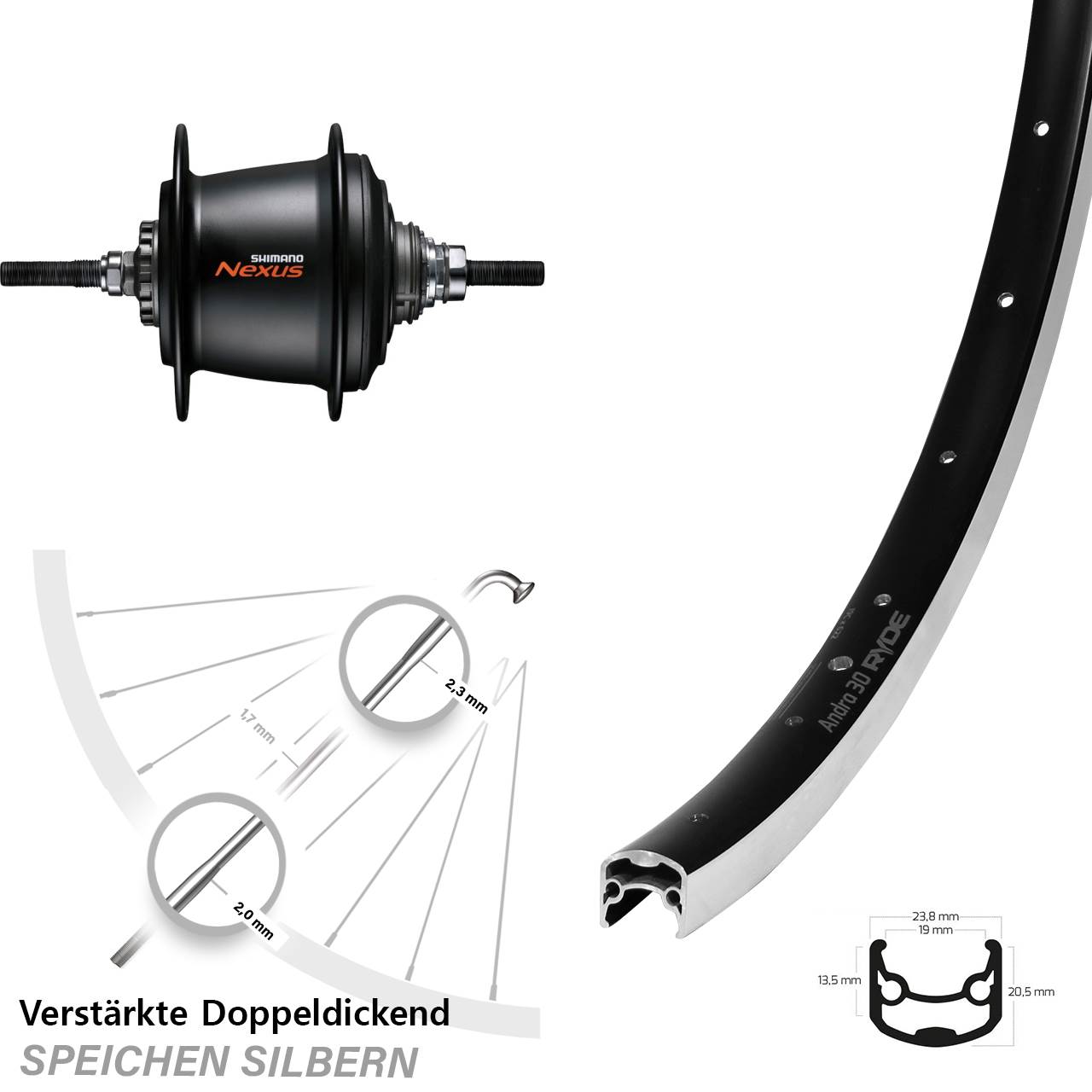 28 Zoll Ryde Andra 30 Hinterrad Shimano SGC3001-7R Nexus 7 Gang Freilauf