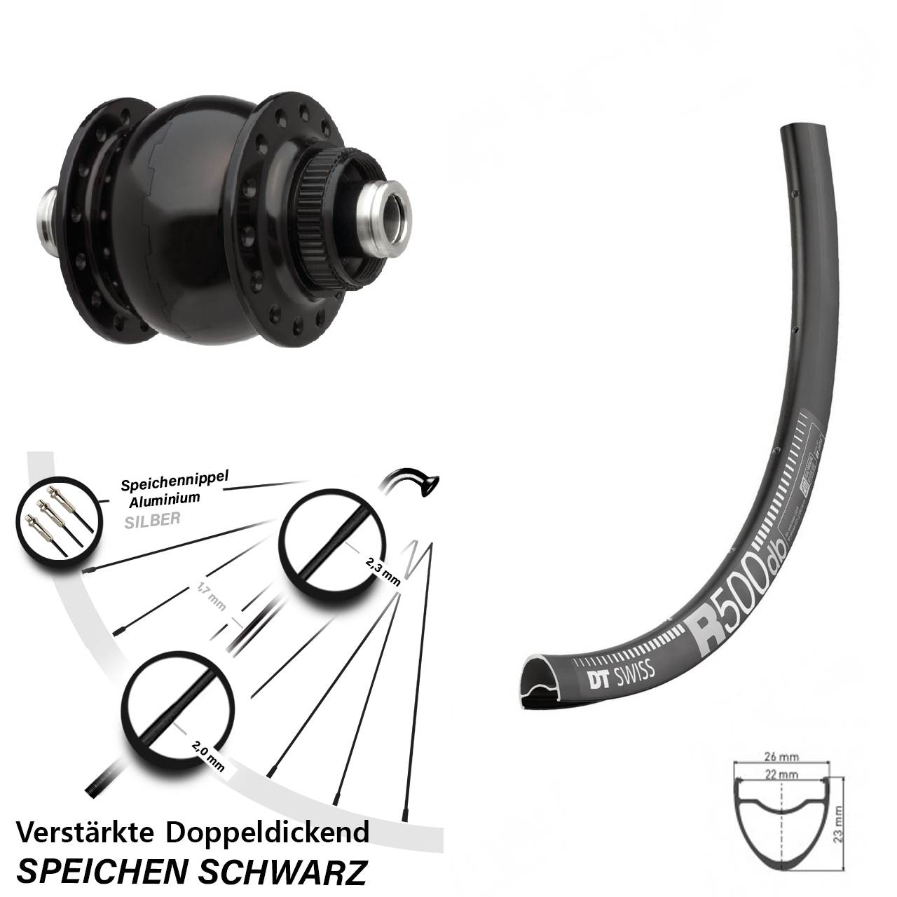 verstärktes Nabendynamolaufrad SON delux DT Swiss R 500 28-29 Zoll 12x100 mm