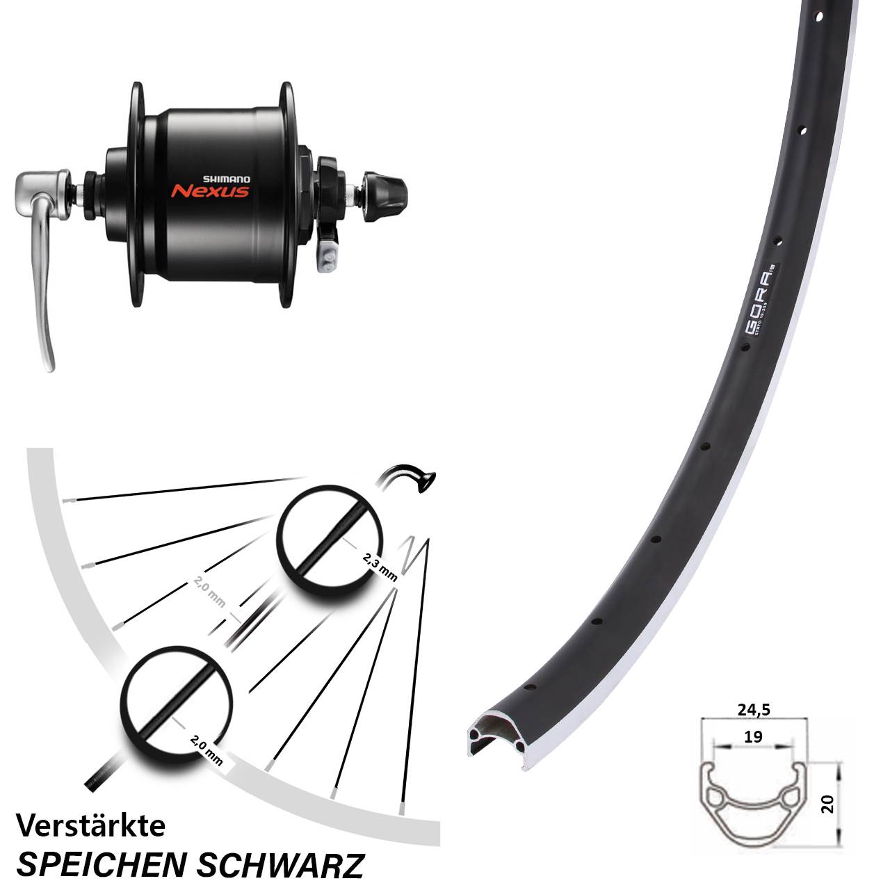 Gora 19 Shimano DH-C3000 26 Zoll Vorderrad mit Nabendynamo QR