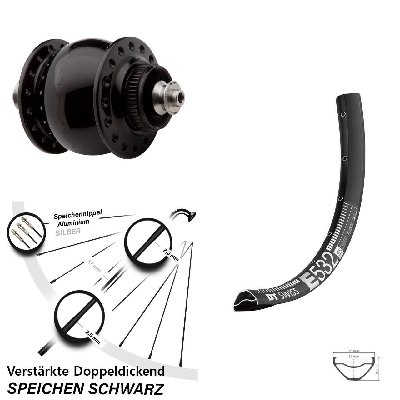 Centerlock Dynamo-Vorderrad QR 27,5 Zoll DT Swiss E 532 SON 28