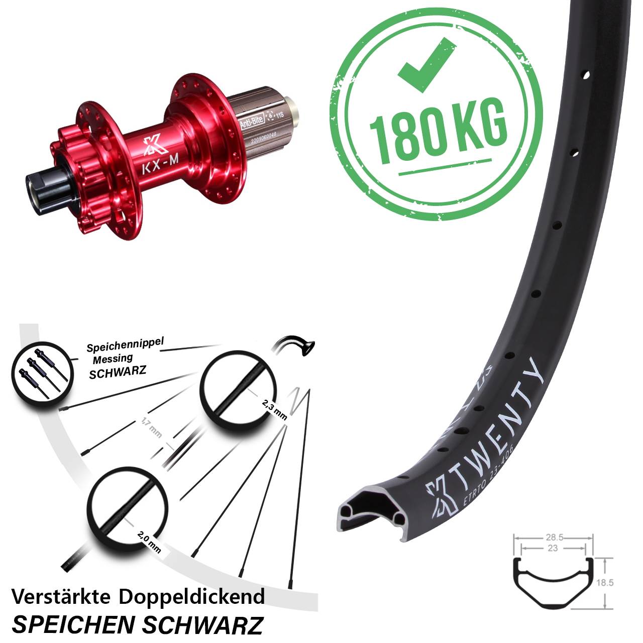 KX-M Twenty Hinterrad verstärkt 20 Zoll rot-eloxiert 6-loch Steckachse 12x142 mm 11-fach