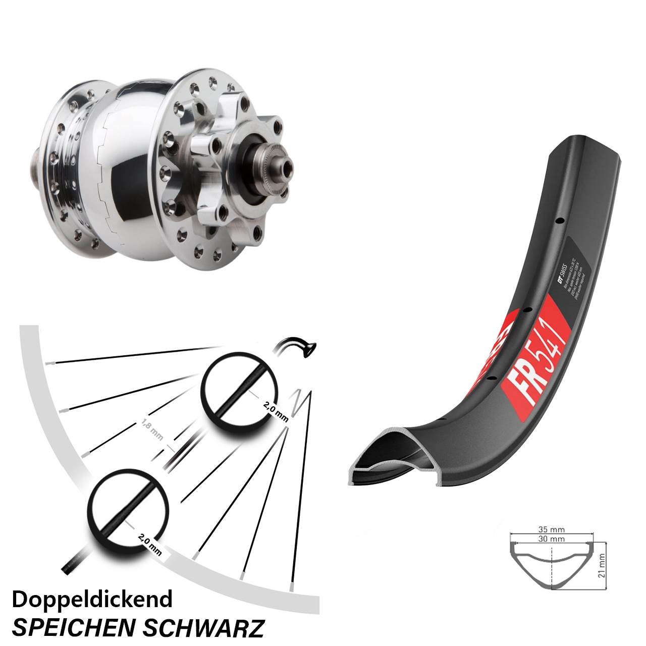 Nabendynamovorderrad 6-Loch für Schnellspanner 27,5 Zoll DT Swiss FR 541 SON 28