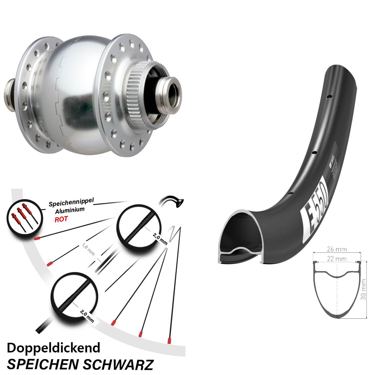 DT Swiss E550 SON 28 Zoll silbern Centerlock Vorderrad mit Nabendynamo 12x100