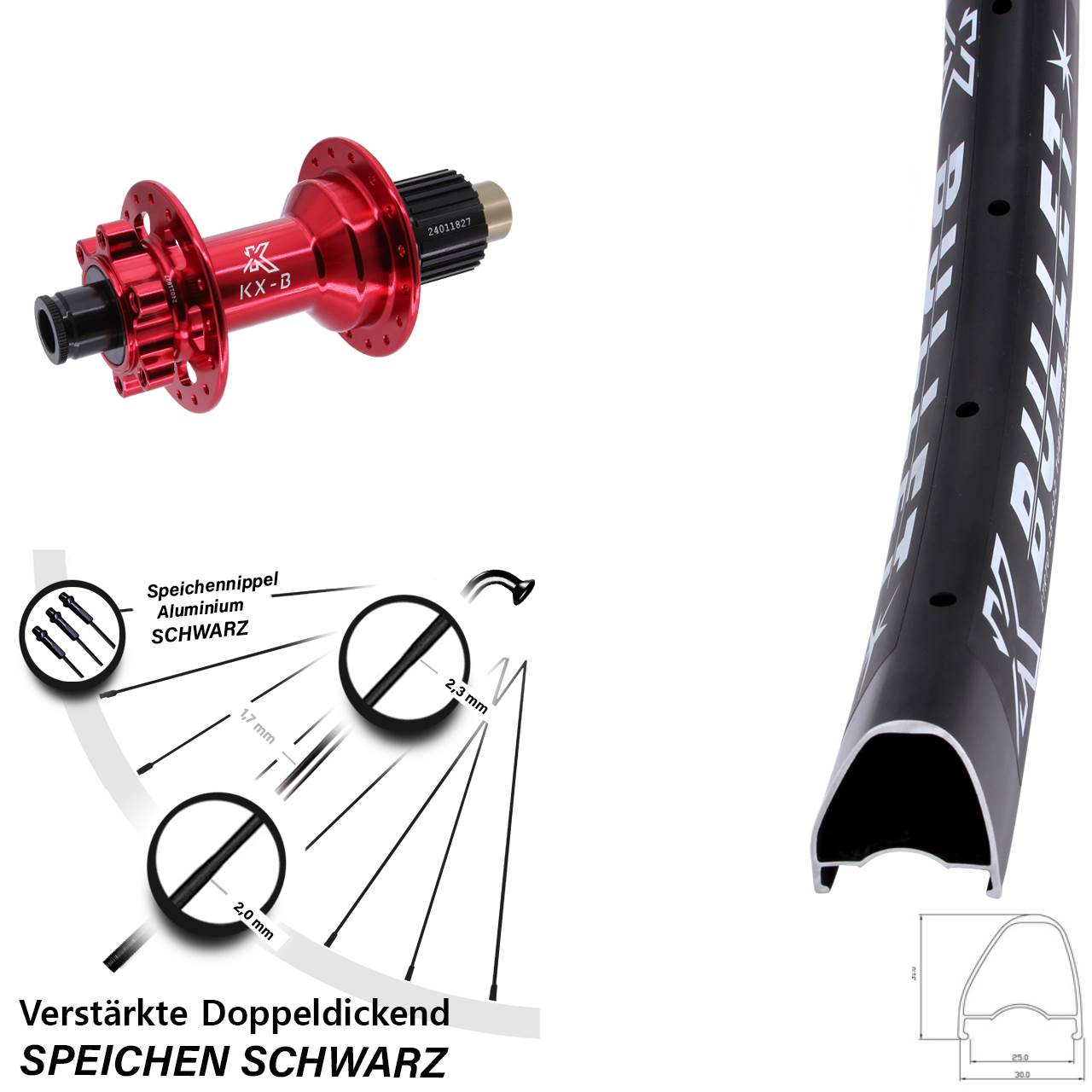 KX-Bullet OS rot 28-29 Zoll Hinterrad 6-Loch 12x148 Micro Spline
