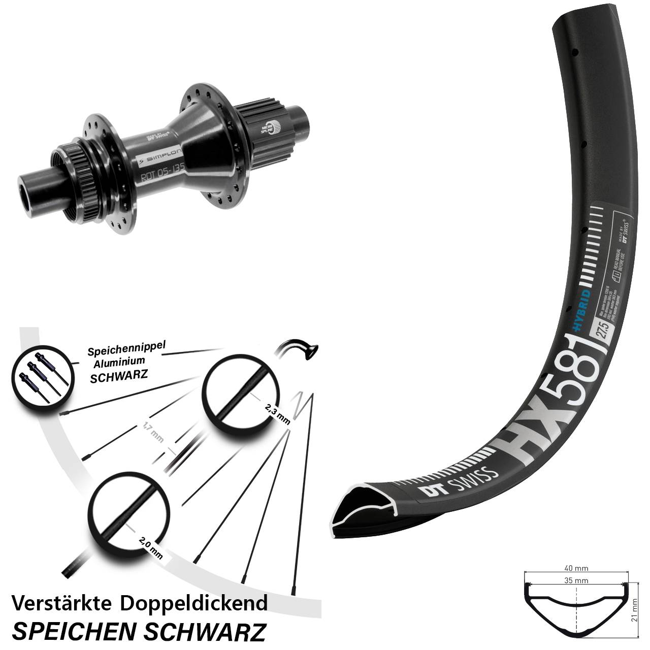 27,5 Zoll DT Swiss HX581-370 Hybrid Centerlock Hinterrad 12x142 Shimano Micro Spline