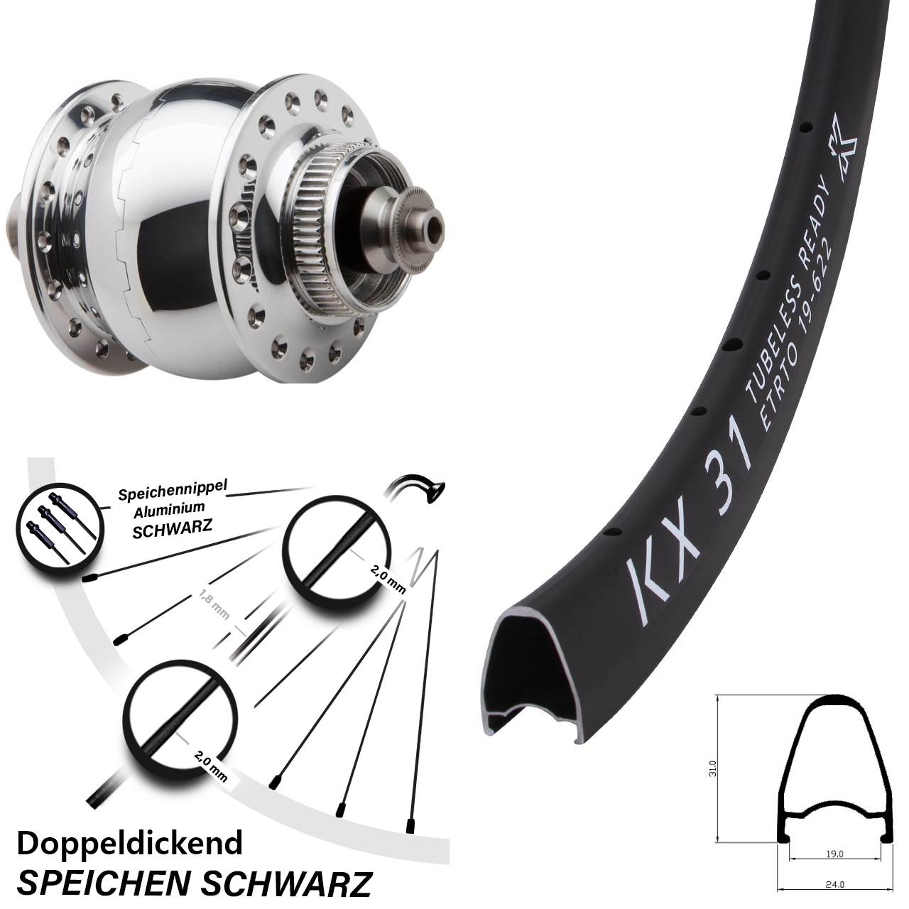 Centerlock Dynamo-Vorderrad QR 28 Zoll KX31 SON 28 poliert