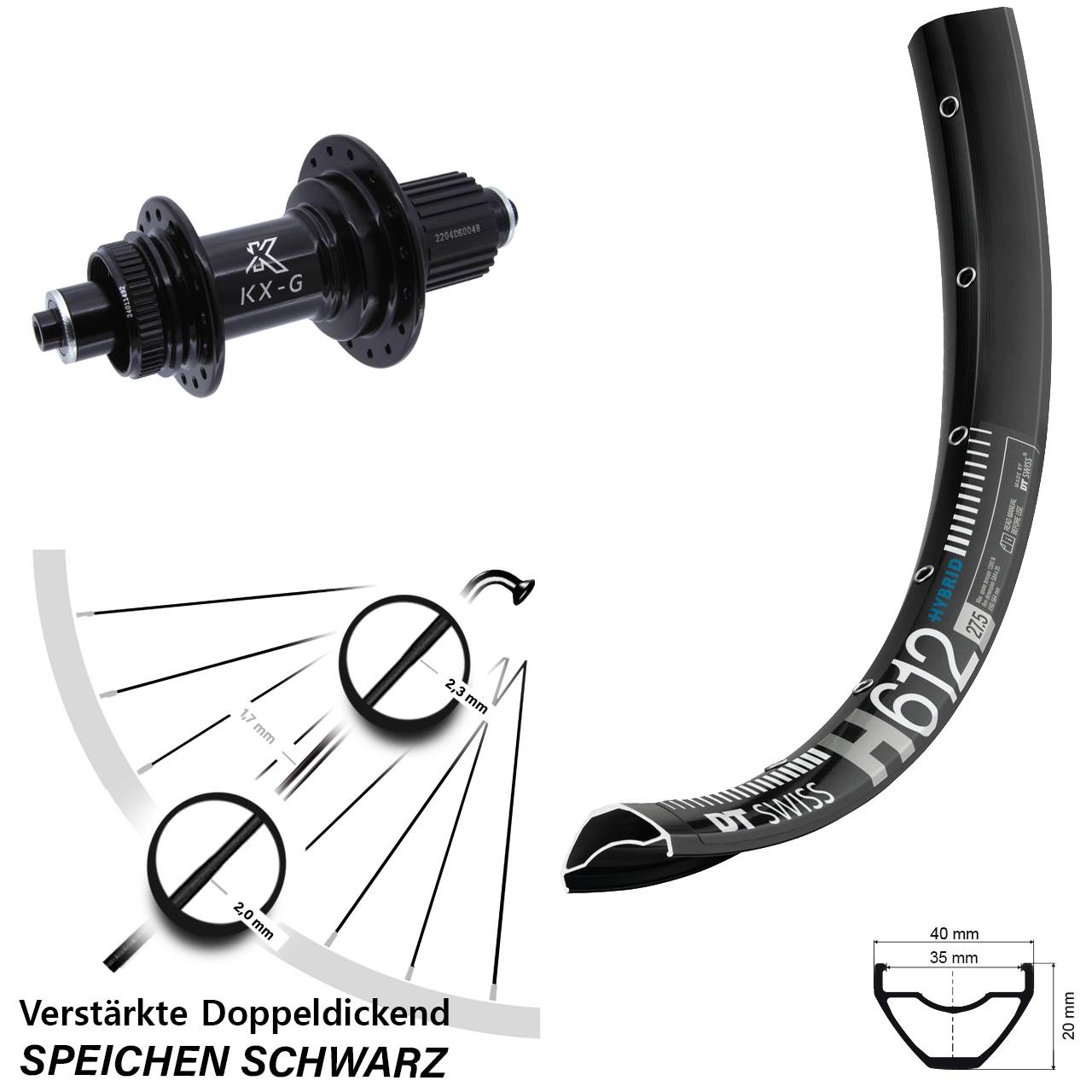 27,5 Zoll DT Swiss H 612 KX-GS Heavy Duty Centerlock Hinterrad QR Shimano Micro Spline