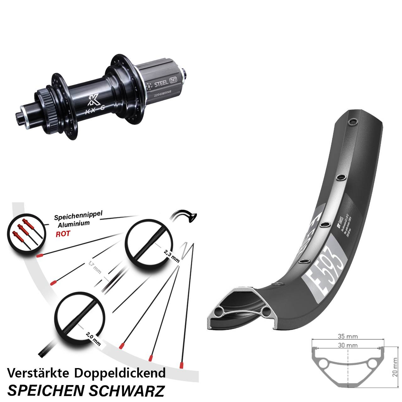 Centerlock Hinterrad 29 Zoll DT Swiss E593 KX-GS Heavy Duty 8-12 fach QR