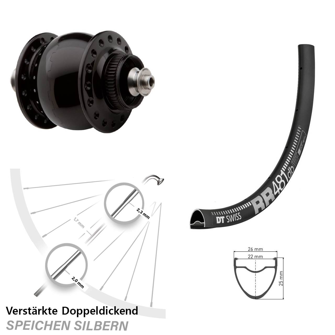 Disc Vorderrad mit Nabendynamo für Schnellspanner DT Swiss RR 481 SON 28 Zoll