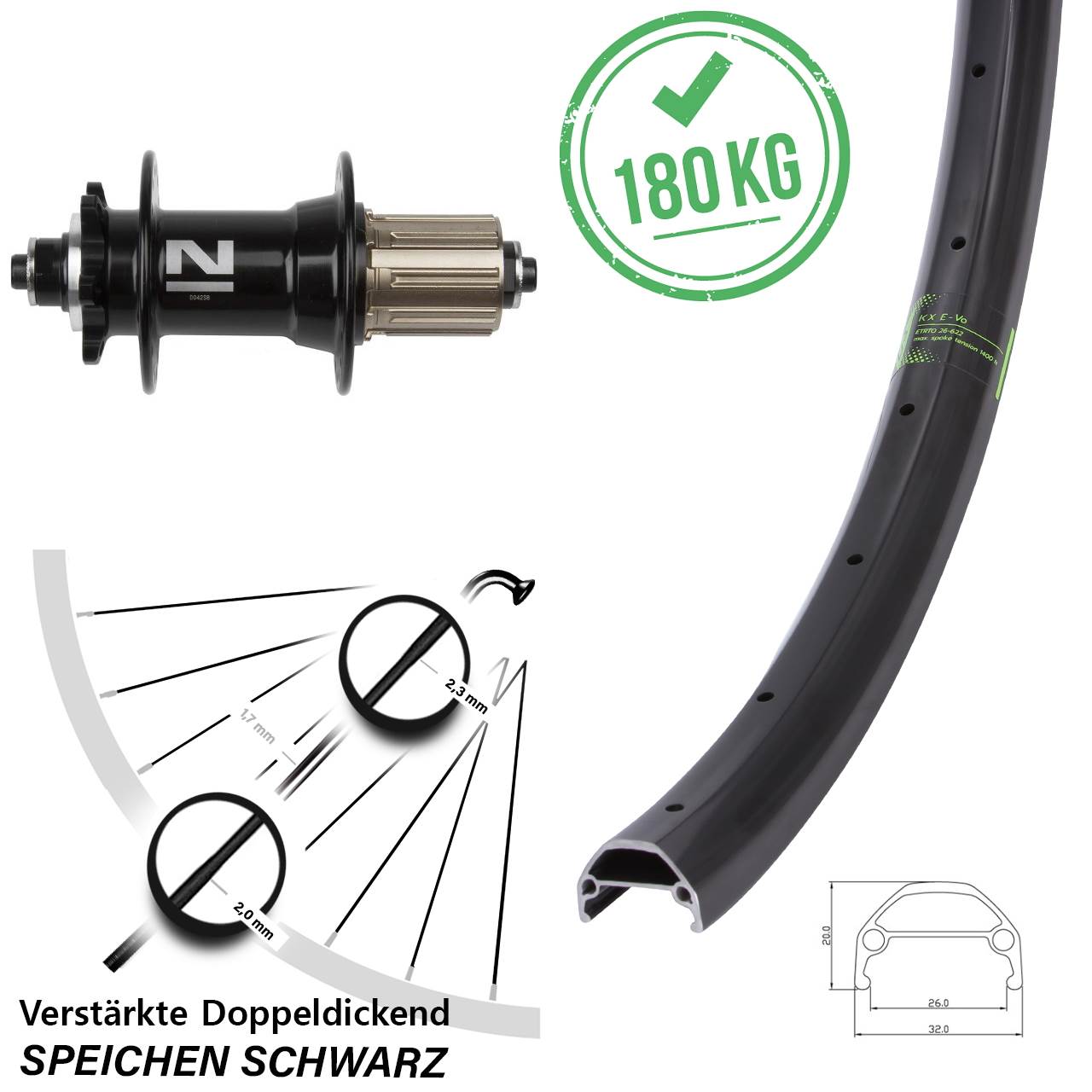 verstärktes 26 Zoll Hinterrad KX Evo mit Novatec D042 Nabe Schnellspanner E-Bike