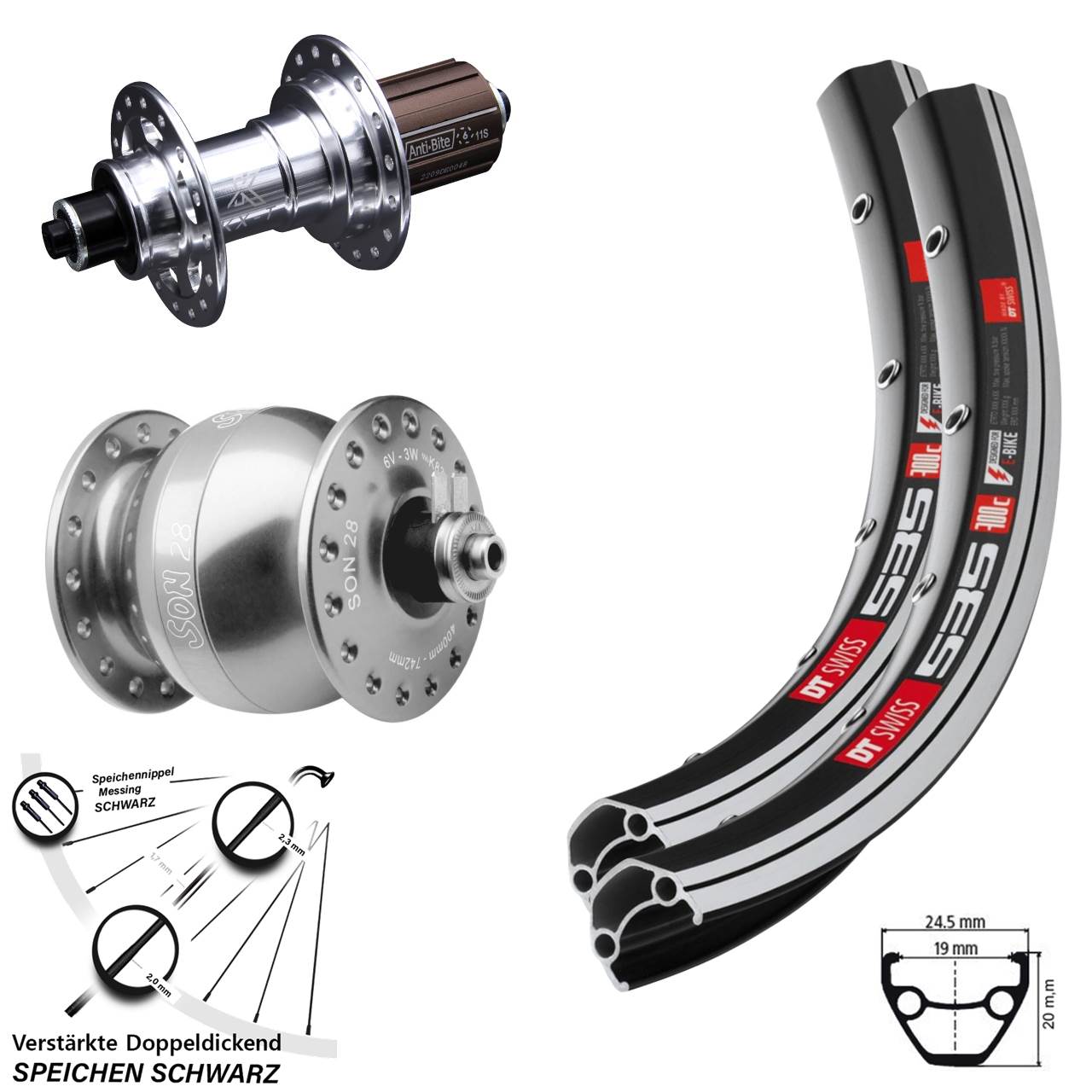 SON 28 Zoll DT Swiss 535 KX-T Laufradsatz 5x100/130 8-12 fach HG