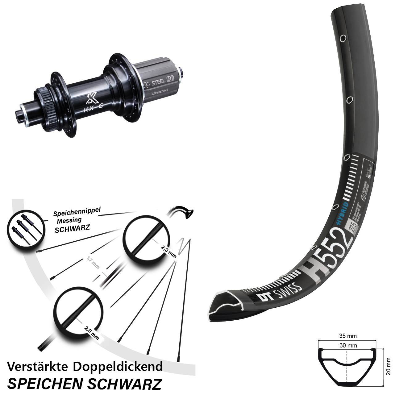 Disc Hinterrad 27,5 Zoll DT Swiss H552 KX-GS Heavy Duty 8-12 fach für Schnellspanner
