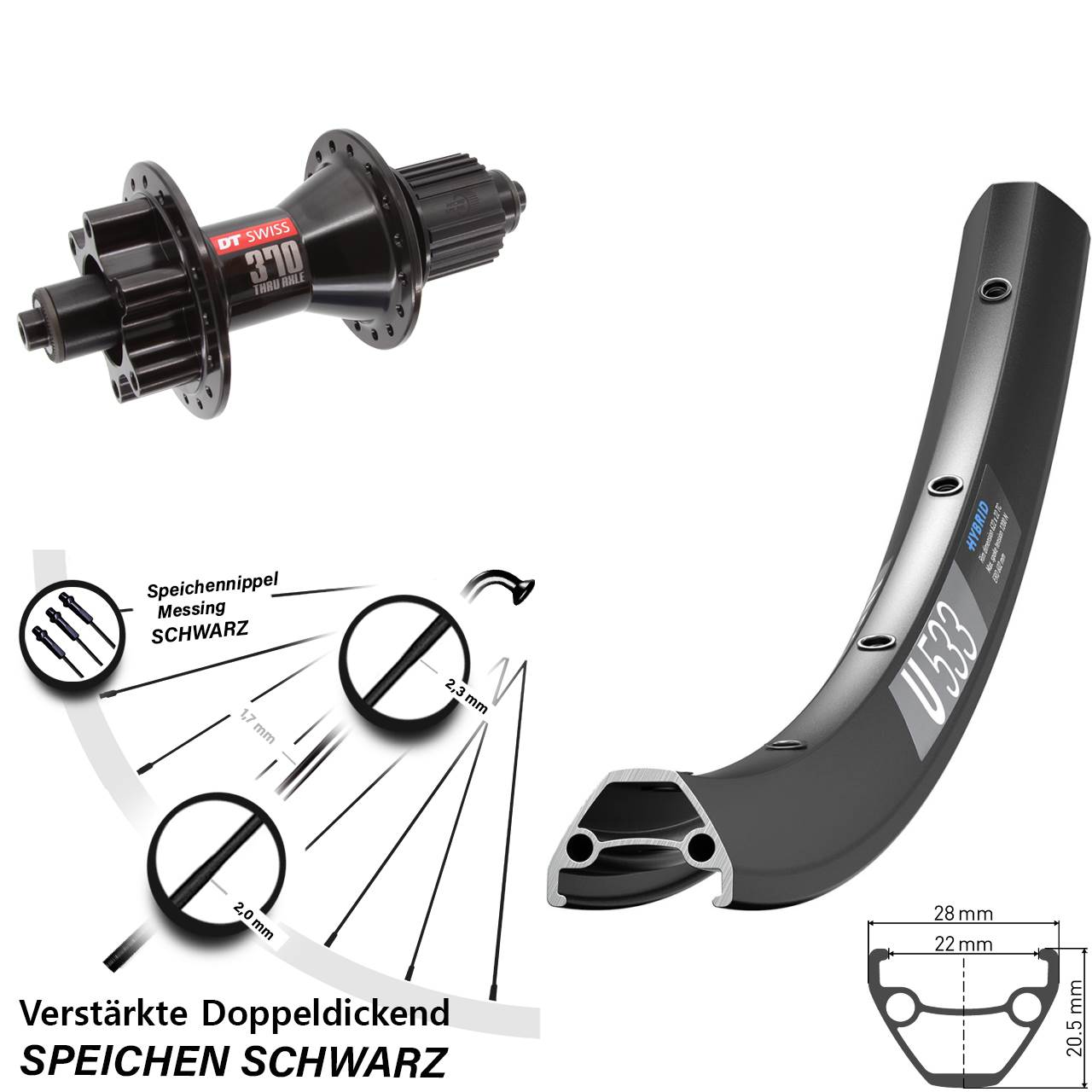 DT Swiss U533 DT Swiss 370 Hybrid 28-29 Zoll Disc Hinterrad QR Shimano Micro Spline