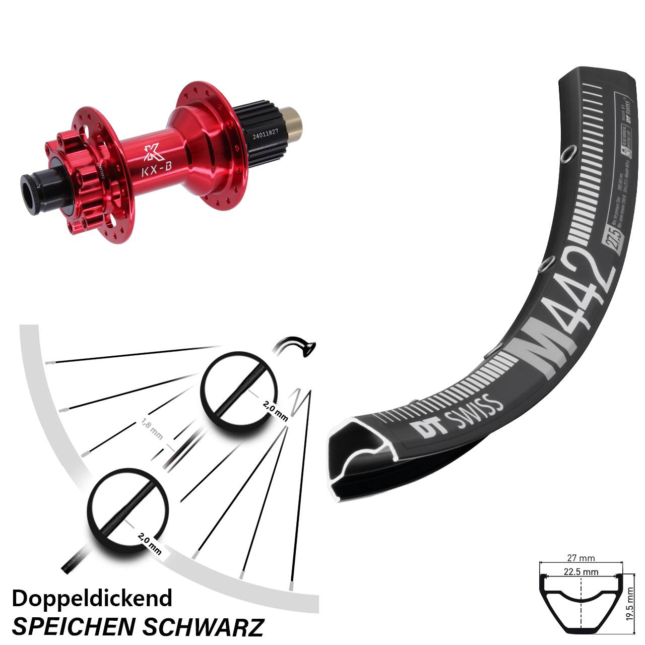 Hinterrad 6-Loch 12x148 28 Zoll DT Swiss M442 KX-B rot Shimano Micro Spline