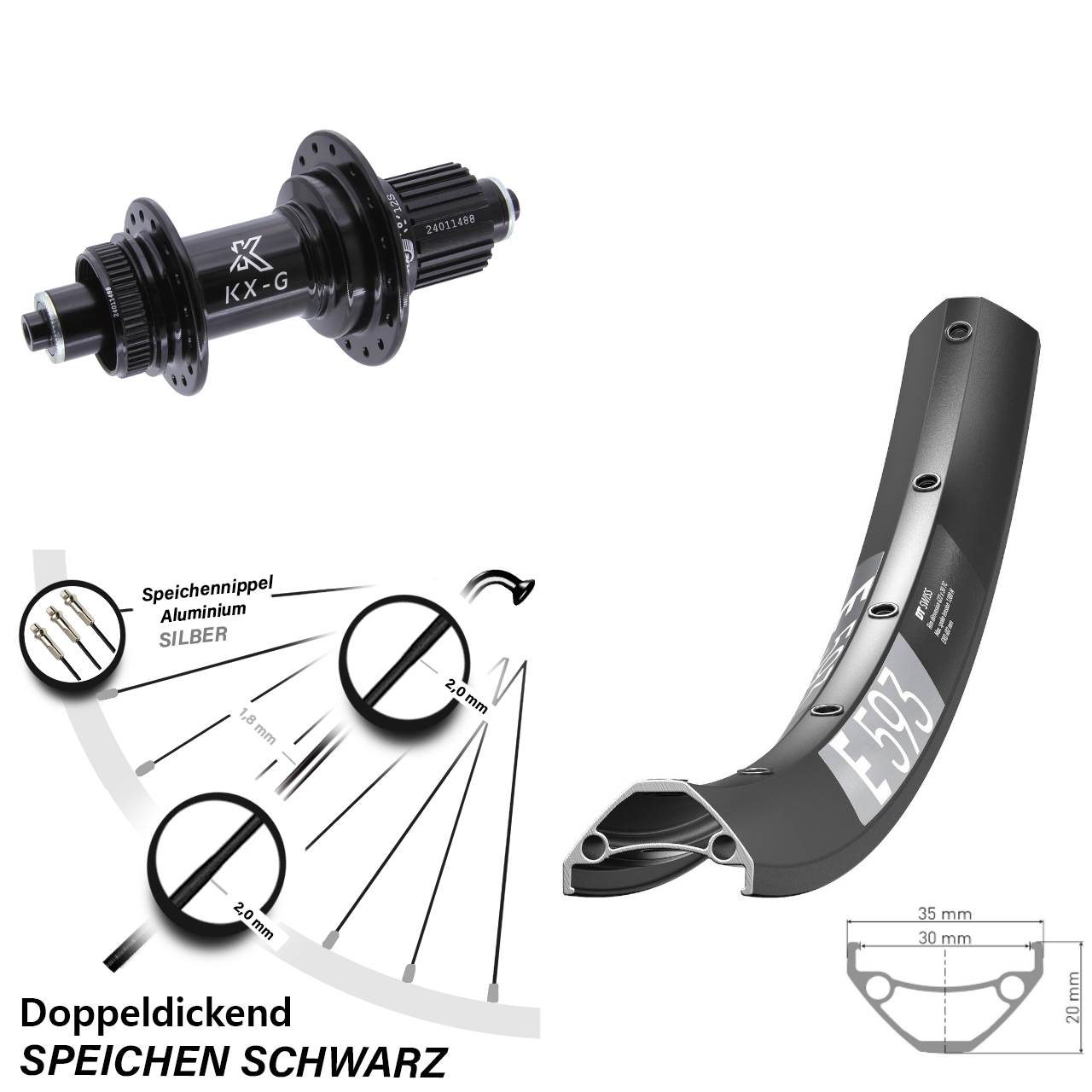Hinterrad Centerlock für Schnellspanner 29 Zoll DT Swiss E593 KX-G Micro Spline