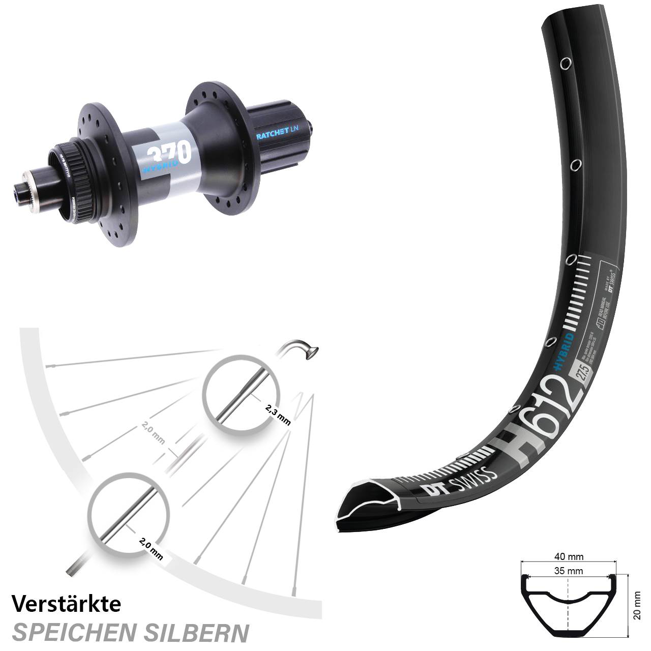 Boost Disc Laufrad für Schnellspanner 27,5 Zoll DT Swiss H 612 370 Hybrid 8-11 fach HG