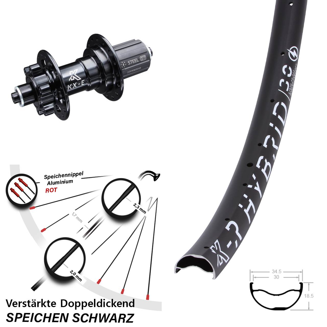 E-Bike Hinterrad 29 Zoll 5x135 mm Shimano 8-12 fach Disc 6-loch KX-ER Hybrid 30-622 ETRTO