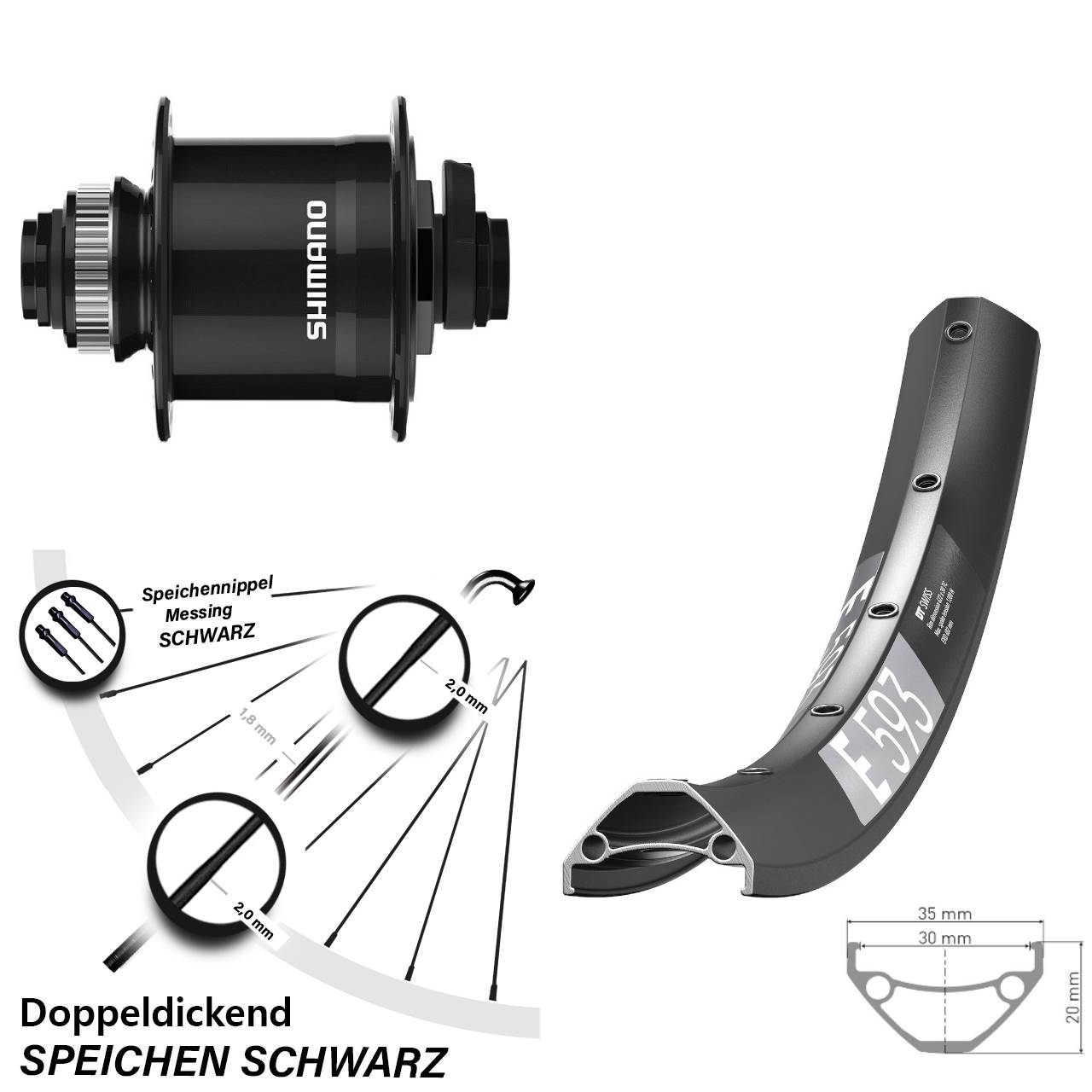 DT Swiss E 593 Shimano DH-UR708-3D 27,5 Zoll Centerlock Dynamovorderrad 15x100
