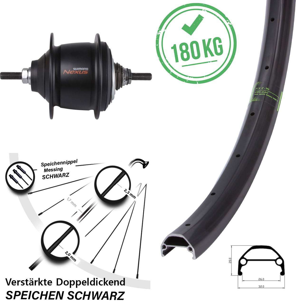Hinterrad 20 Zoll KX Evo Shimano Nexus 8 Gang Premium für Rollenbremse